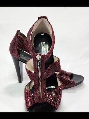 Michael Kors Burgundy Snake-Embossed Zip Front High Heel Sandals